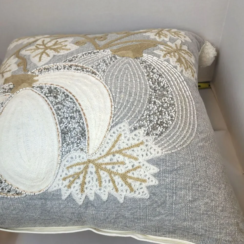 Magaschoni Home Pumpkin Fall Harvest Gray Throw Pillow County Chic Beaded 17